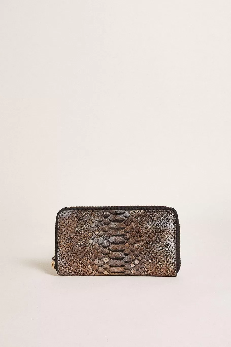 Oasis Leather Metallic Snake Print Zip Around Purse Gold Shop