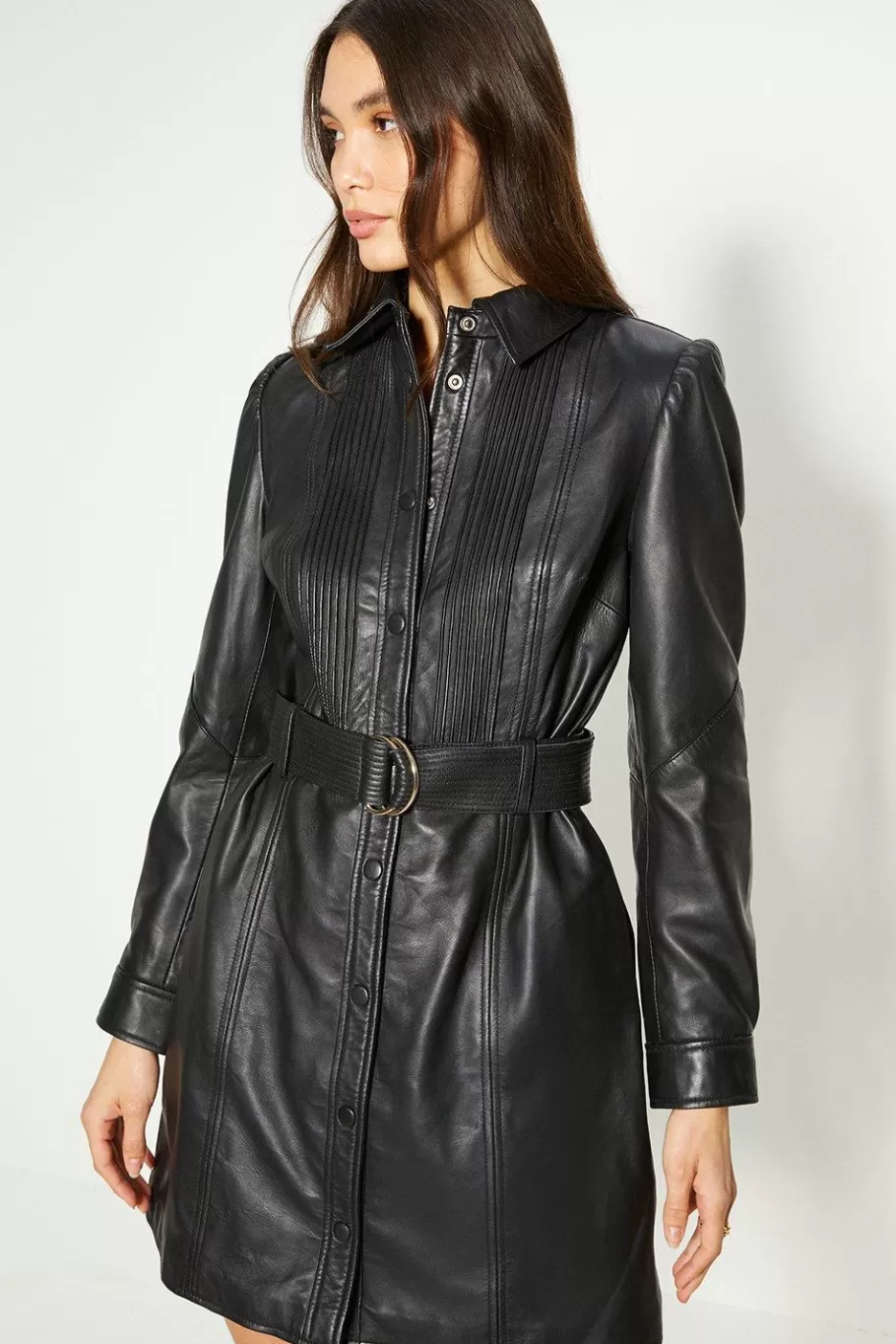 Oasis Leather Pleat Detail Belted Mini Dress Black Best