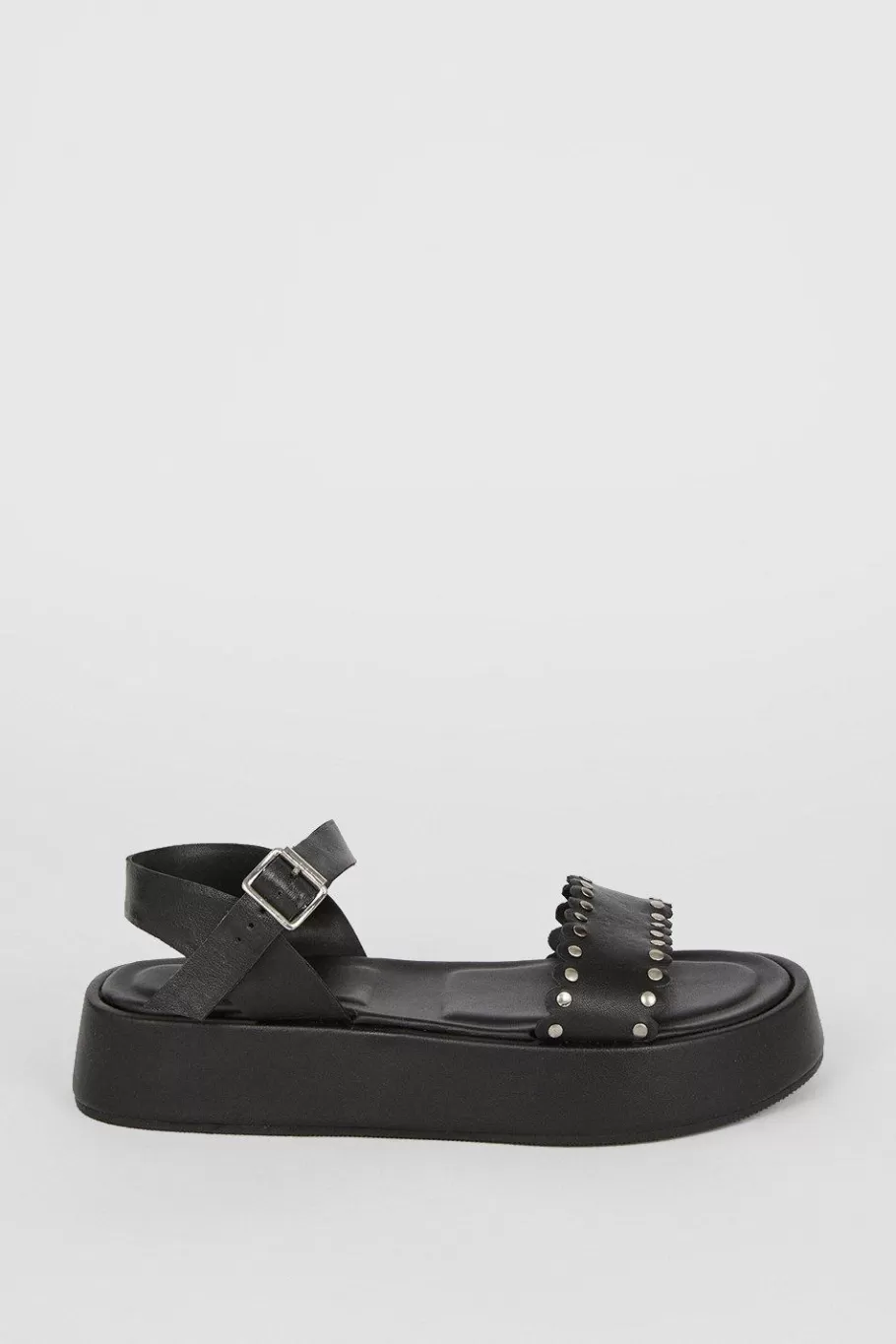 Oasis Leather Scallop Flatform Sandals Black New