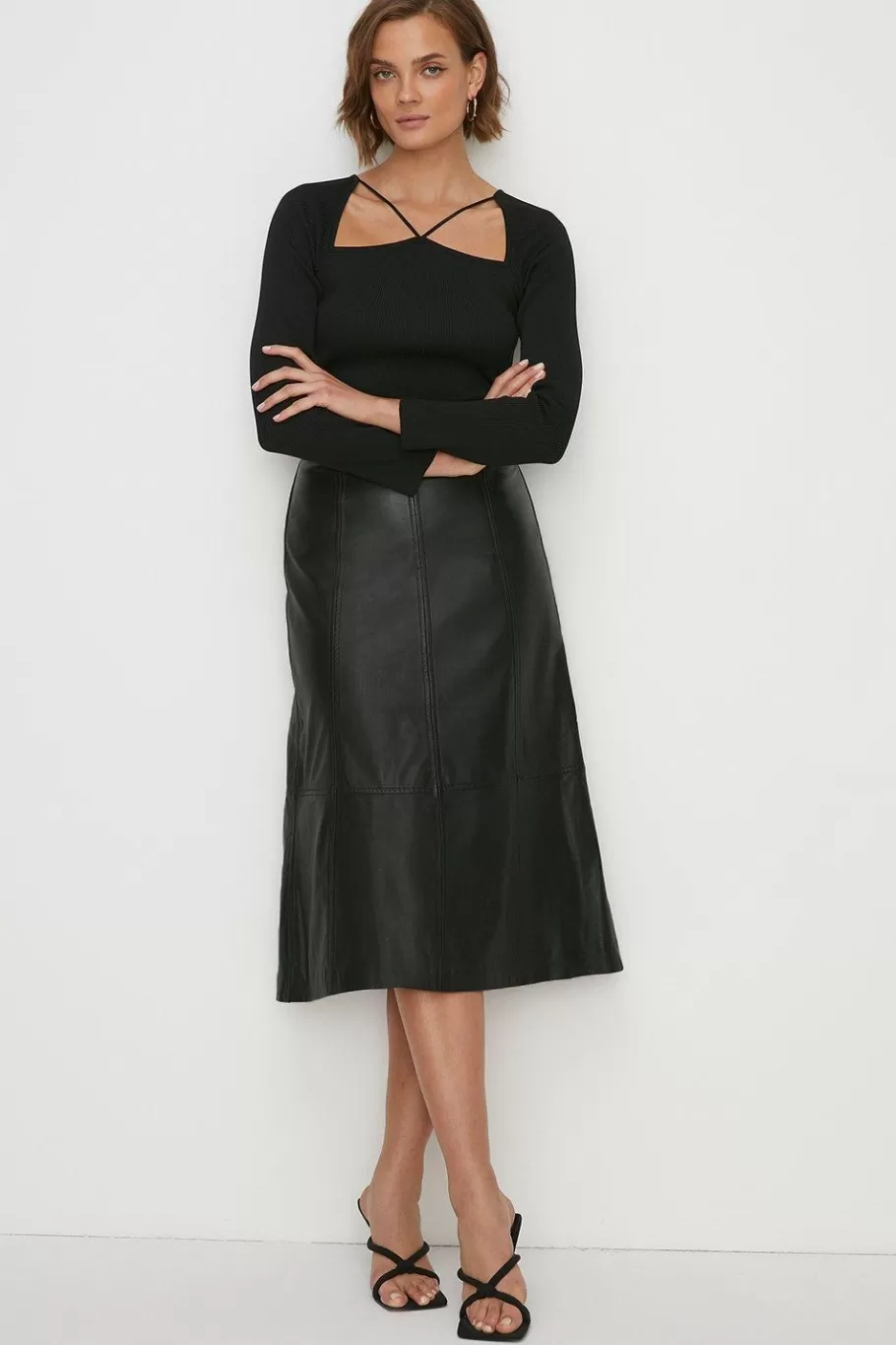 Oasis Leather Seam Detail Midi Skirt Black Clearance