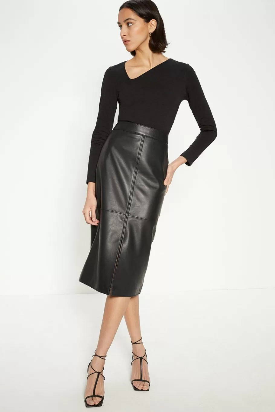 Oasis Leather Split Detail Midi Skirt Black New