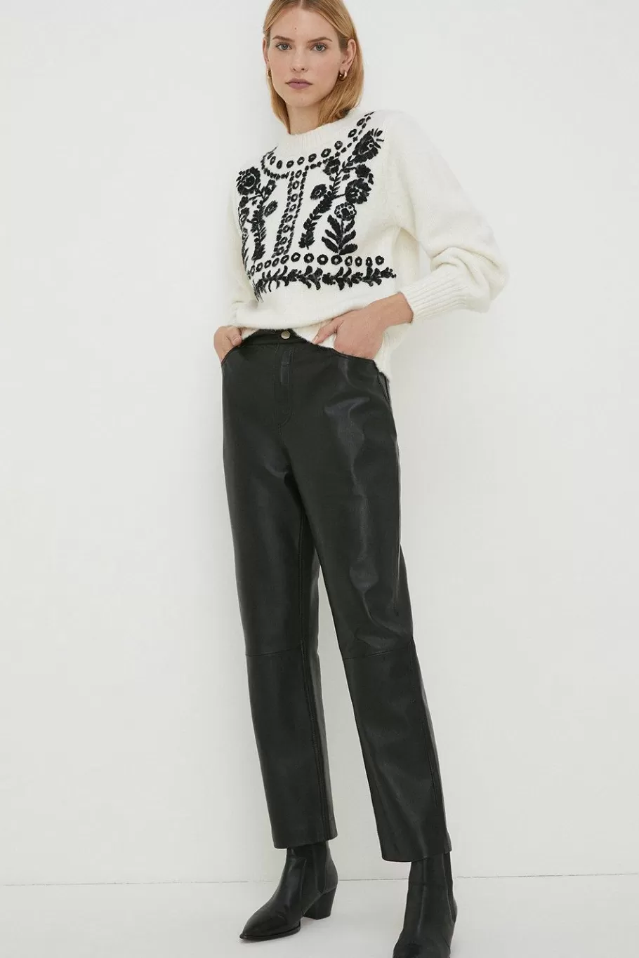 Oasis Leather Straight Leg Trouser Black Best