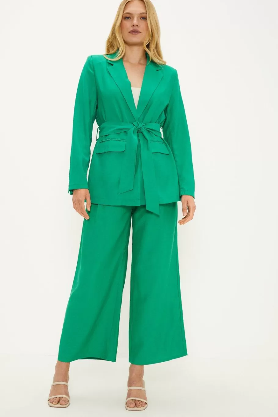 Oasis Linen Look Belted Cropped Trouser Green Outlet