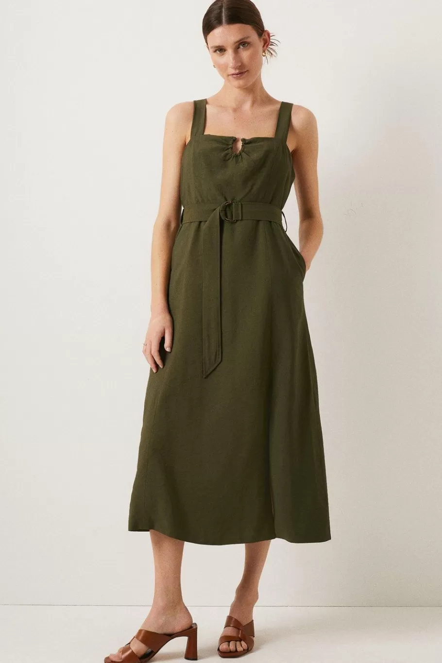 Oasis Linen Look Belted Midi Dress Khaki Cheap