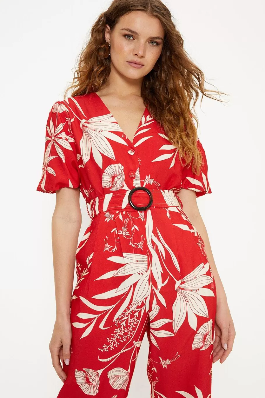 Oasis Linen Look Floral Print Puff Sleeve Belted Jumpsuit Red Store