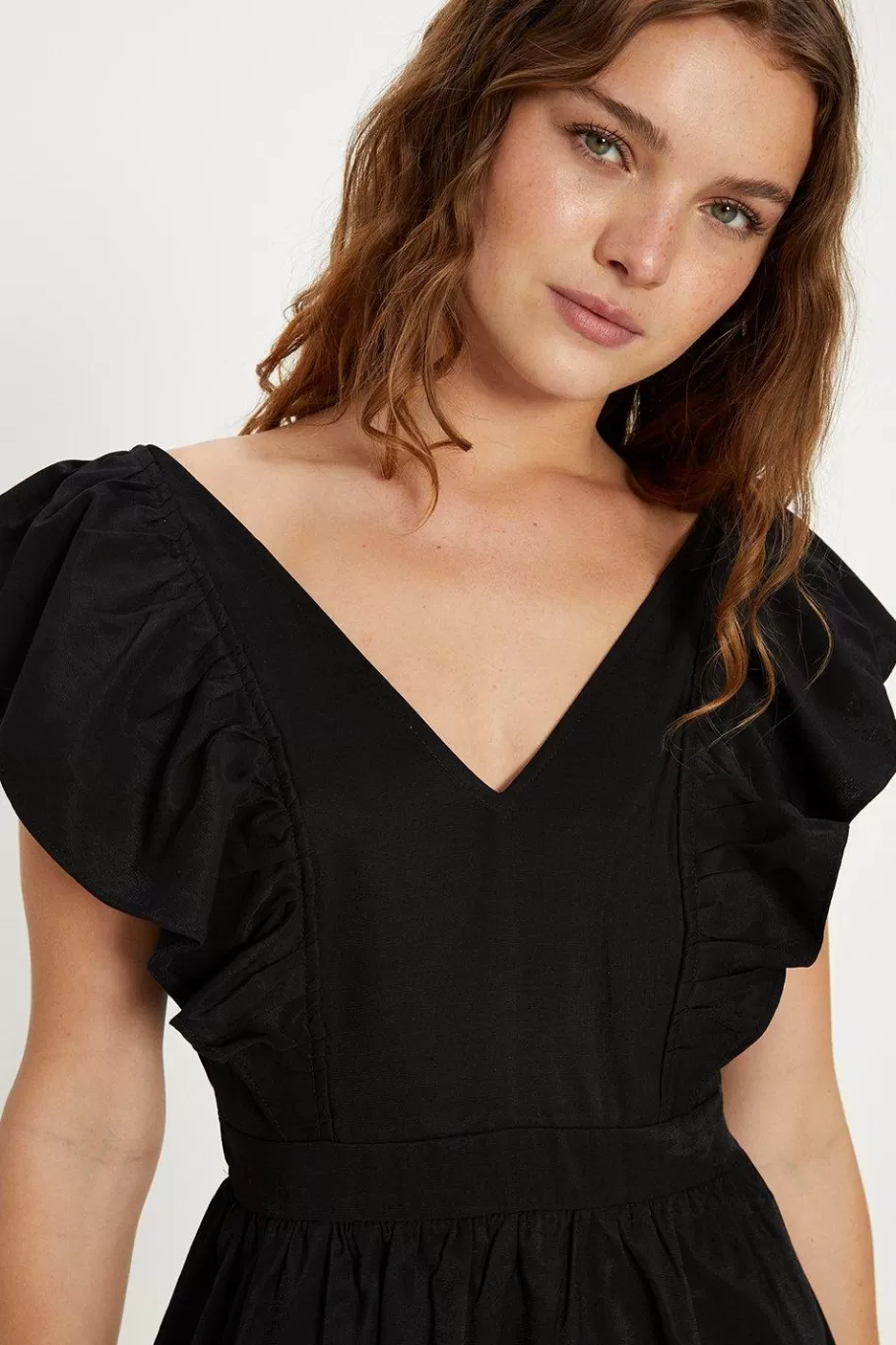 Oasis Linen Look Flutter Sleeve Mini Dress Black Best Sale