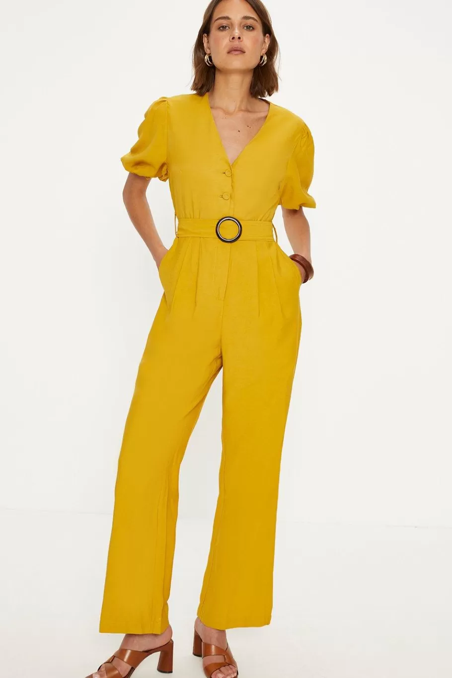 Oasis Linen Look Puff Sleeve Belted Jumpsuit Mustard Cheap