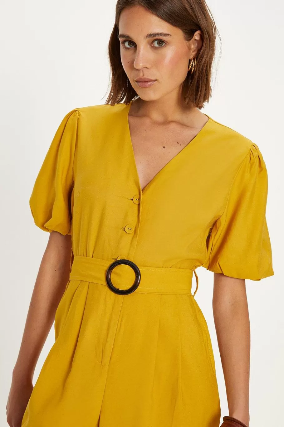 Oasis Linen Look Puff Sleeve Belted Jumpsuit Mustard Cheap