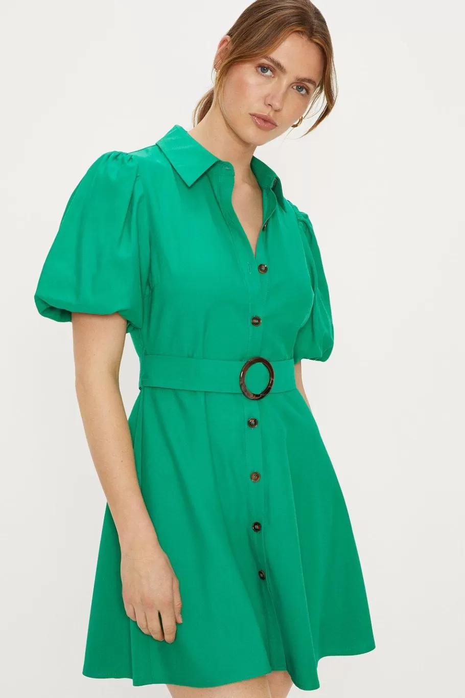 Oasis Linen Look Puff Sleeve Shirt Dress Green Hot