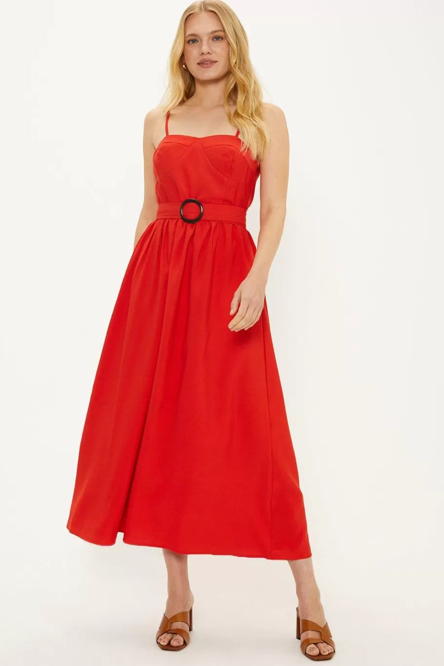 Oasis Linen Look Seamed Belted Midi Dress Red Fashion