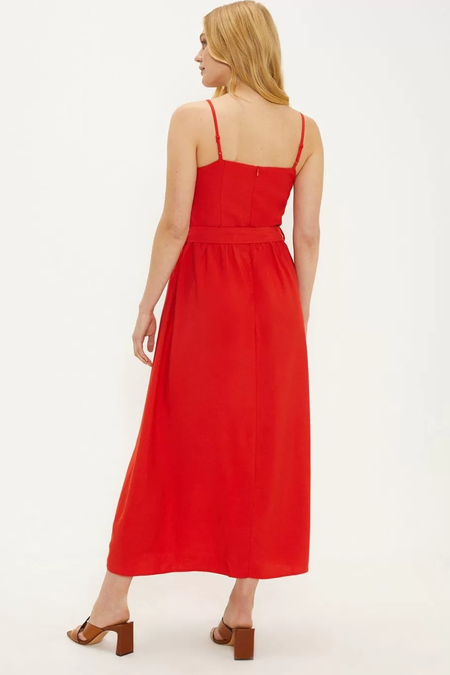 Oasis Linen Look Seamed Belted Midi Dress Red Fashion