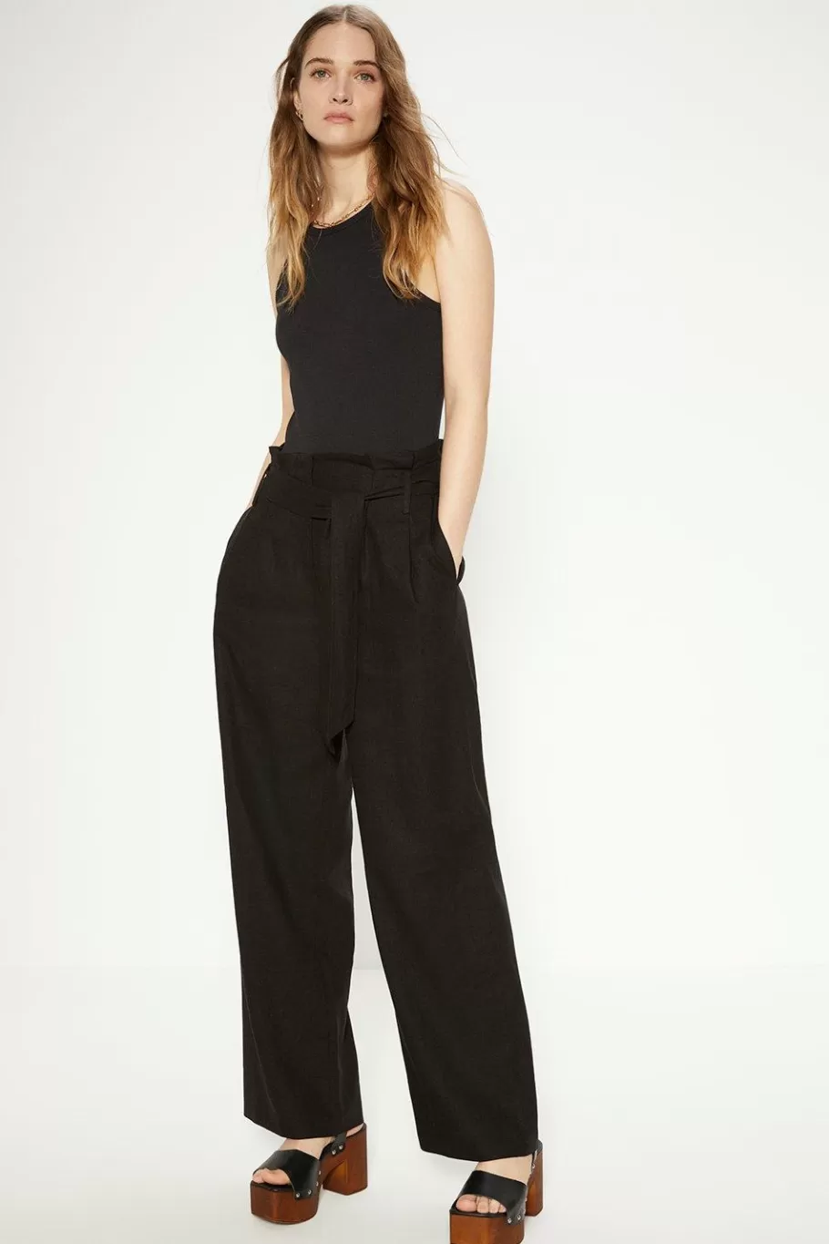 Oasis Linen Mix Belted Wide Leg Trouser Black Best Sale