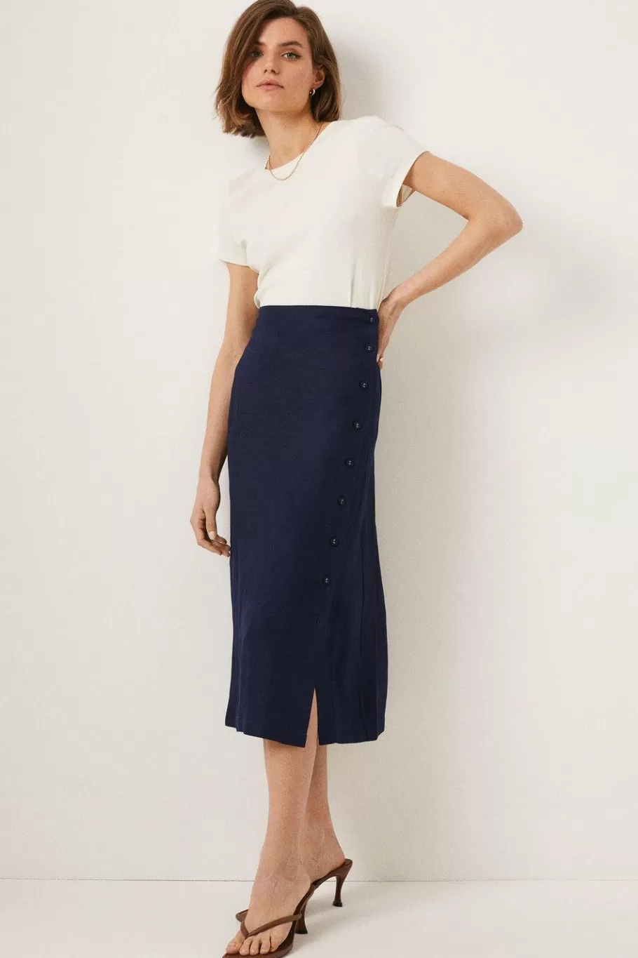 Oasis Linen Mix Button Detail Midi Skirt Navy Sale