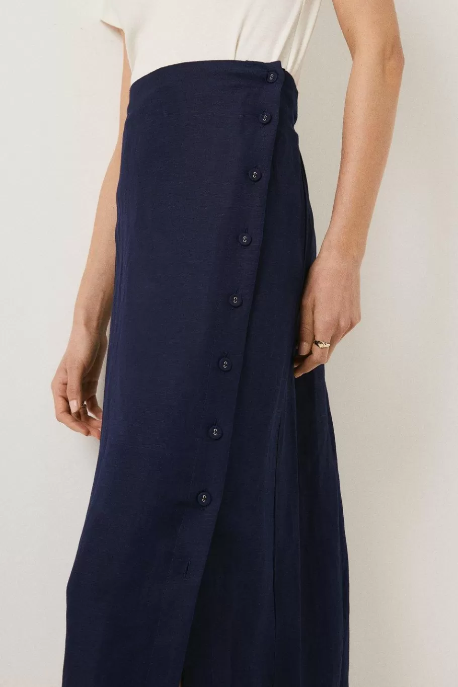 Oasis Linen Mix Button Detail Midi Skirt Navy Sale