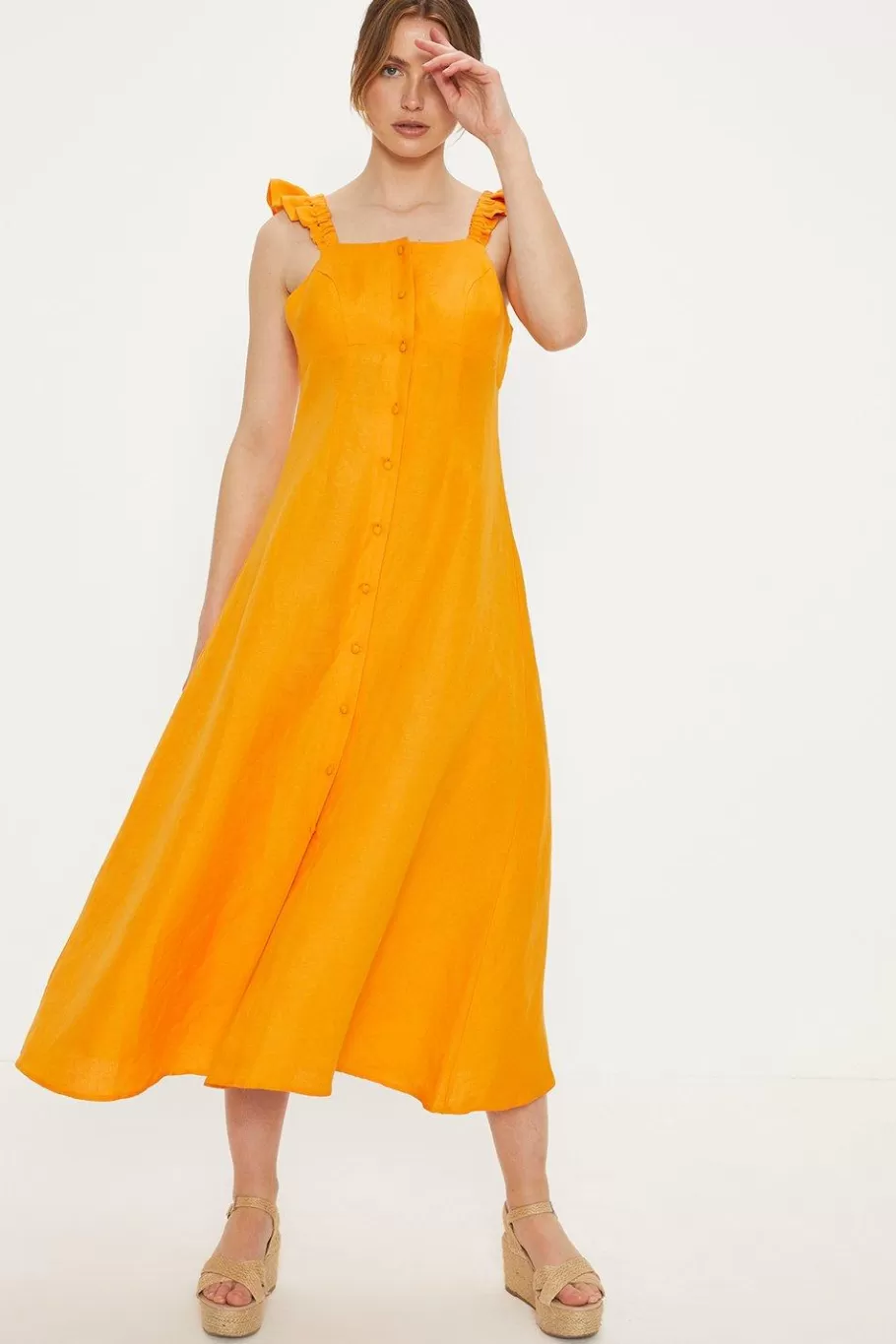 Oasis Linen Mix Button Through Midi Dress Orange Discount