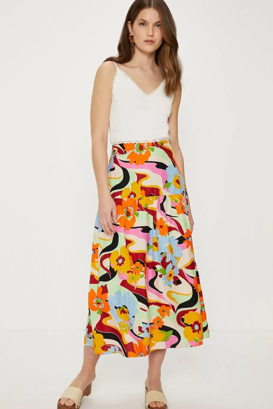 Oasis Linen Mix Floral Print Midi Skirt Multi Hot