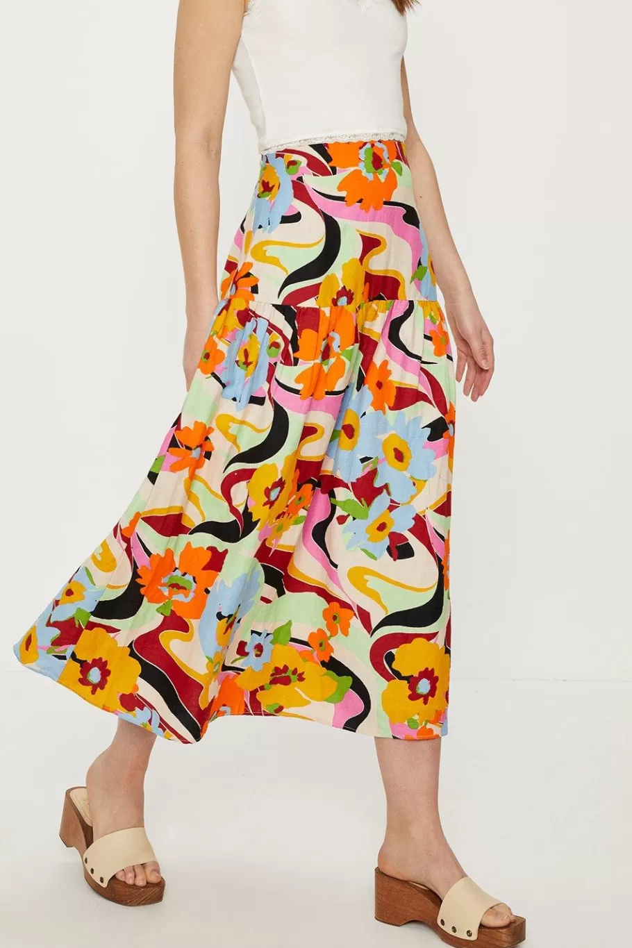 Oasis Linen Mix Floral Print Midi Skirt Multi Hot