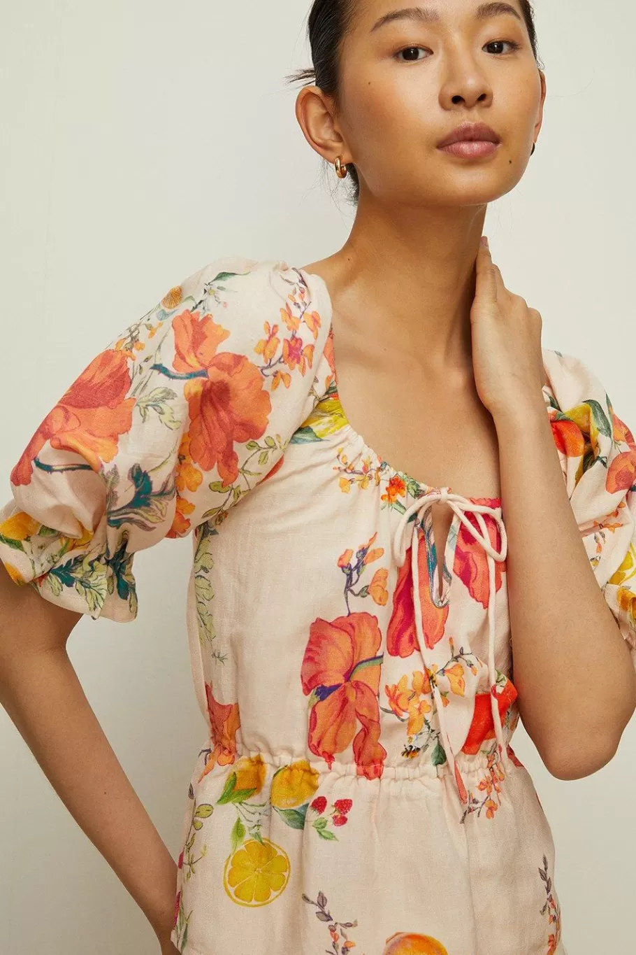 Oasis Linen Mix Fruit Printed Tie Scoop Neck Top Floral Sale