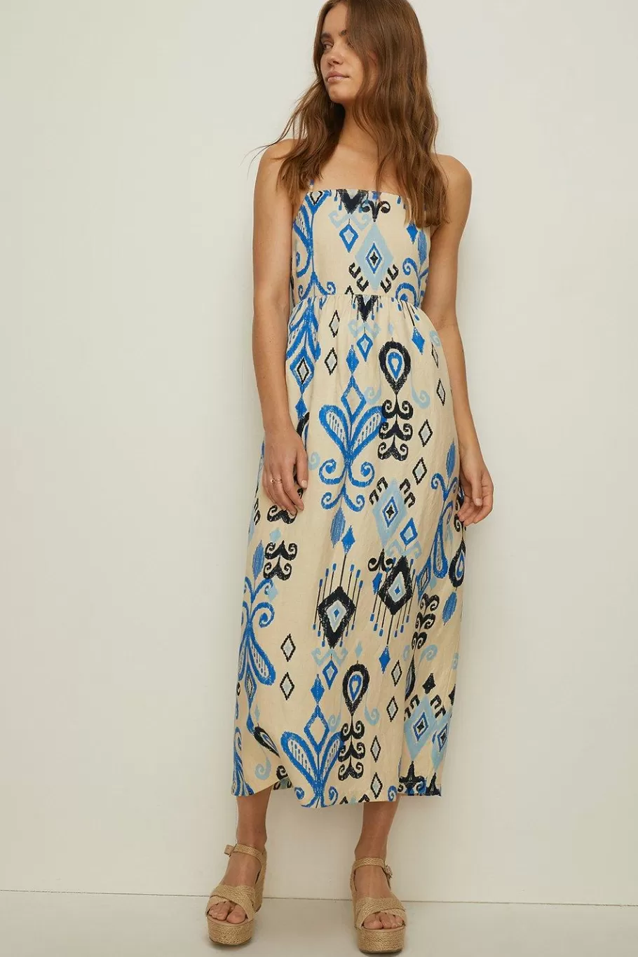 Oasis Linen Mix Ikat Printed Strappy Midi Dress Multi Store