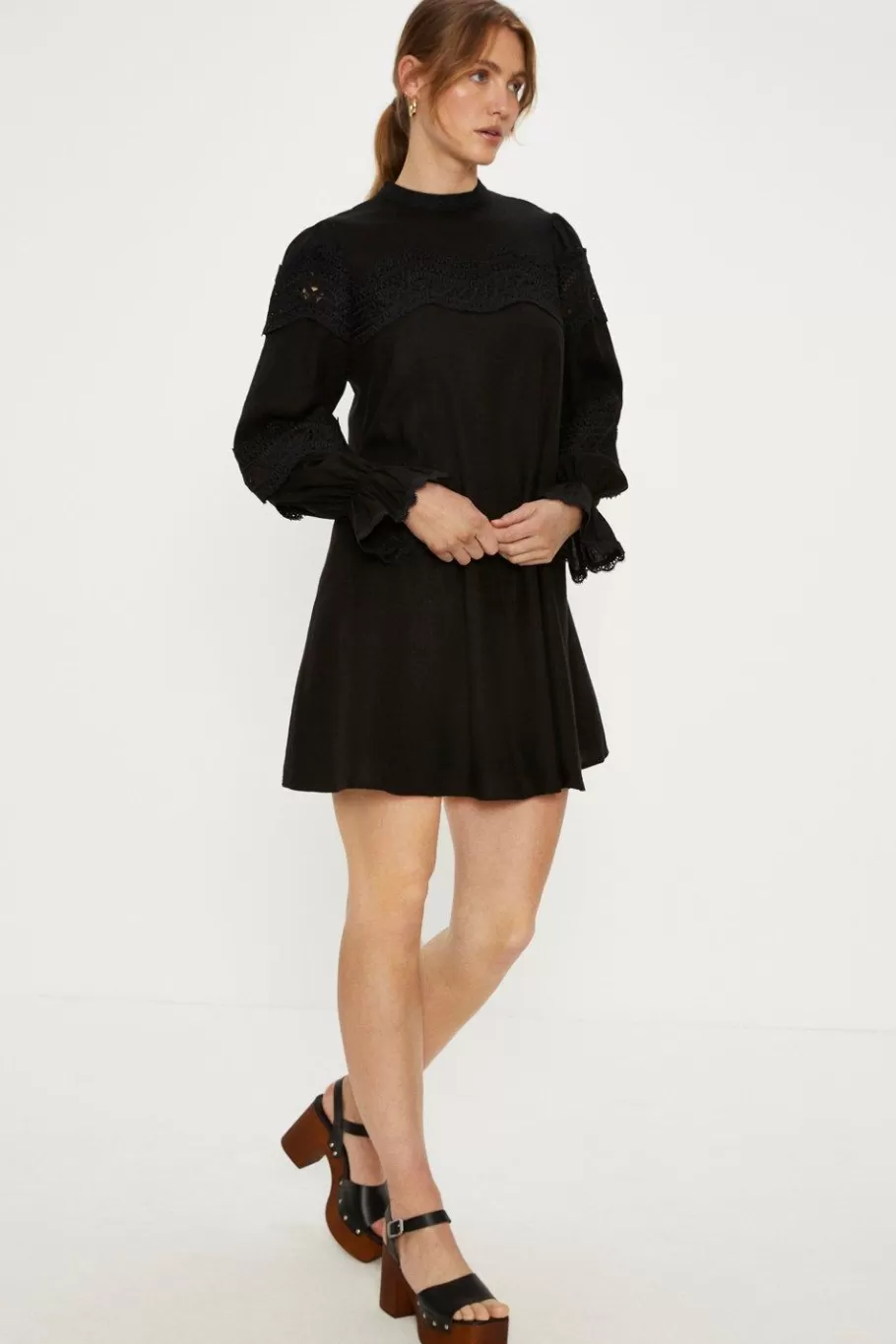 Oasis Linen Mix Lace Detail Mini Dress Black Sale