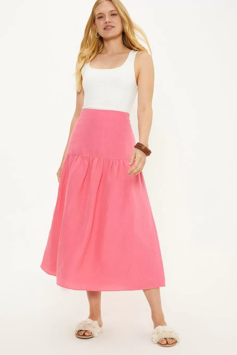 Oasis Linen Mix Midi Skirt Pink Outlet