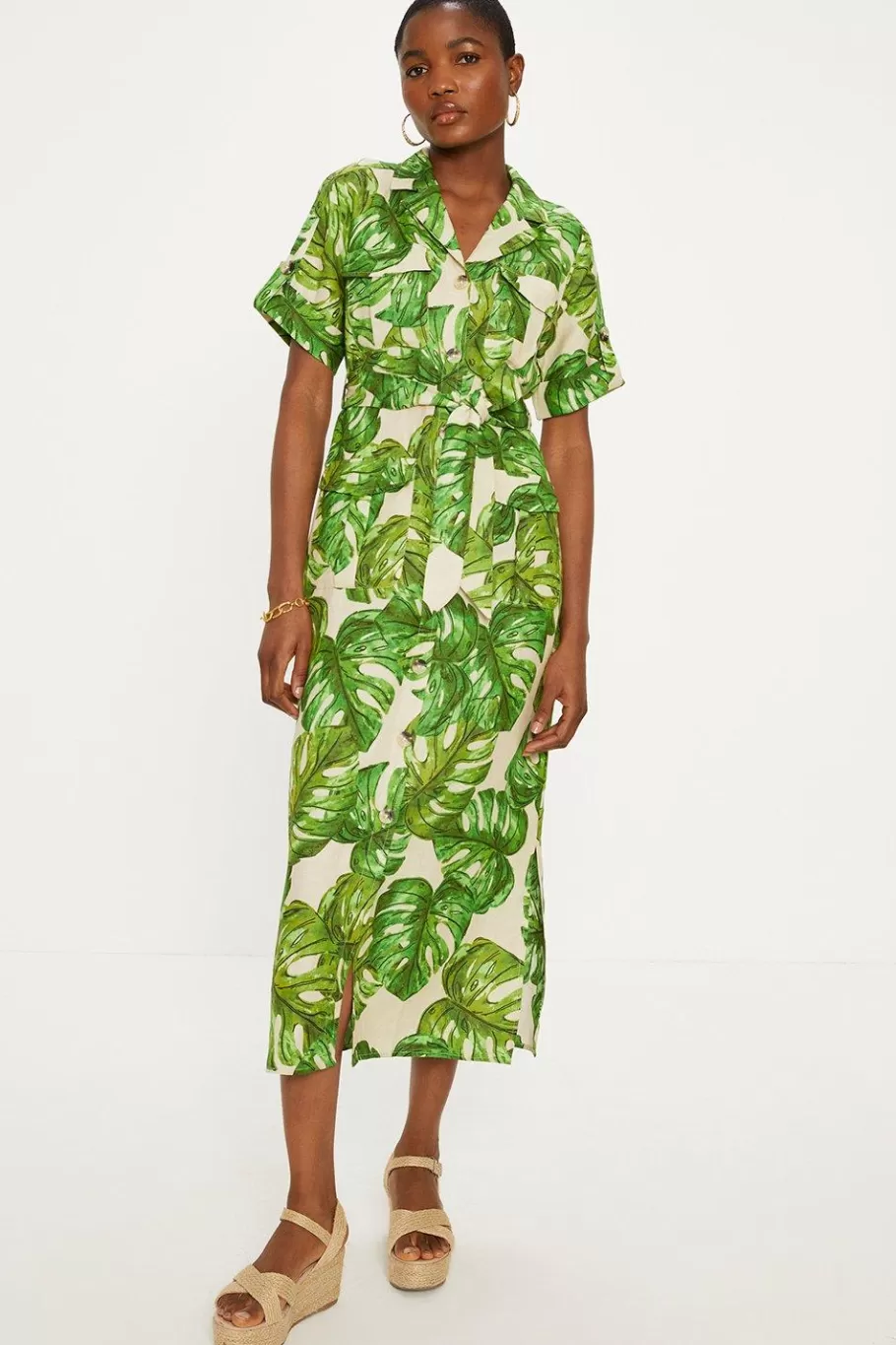 Oasis Linen Mix Palm Print Midi Shirt Dress Green New