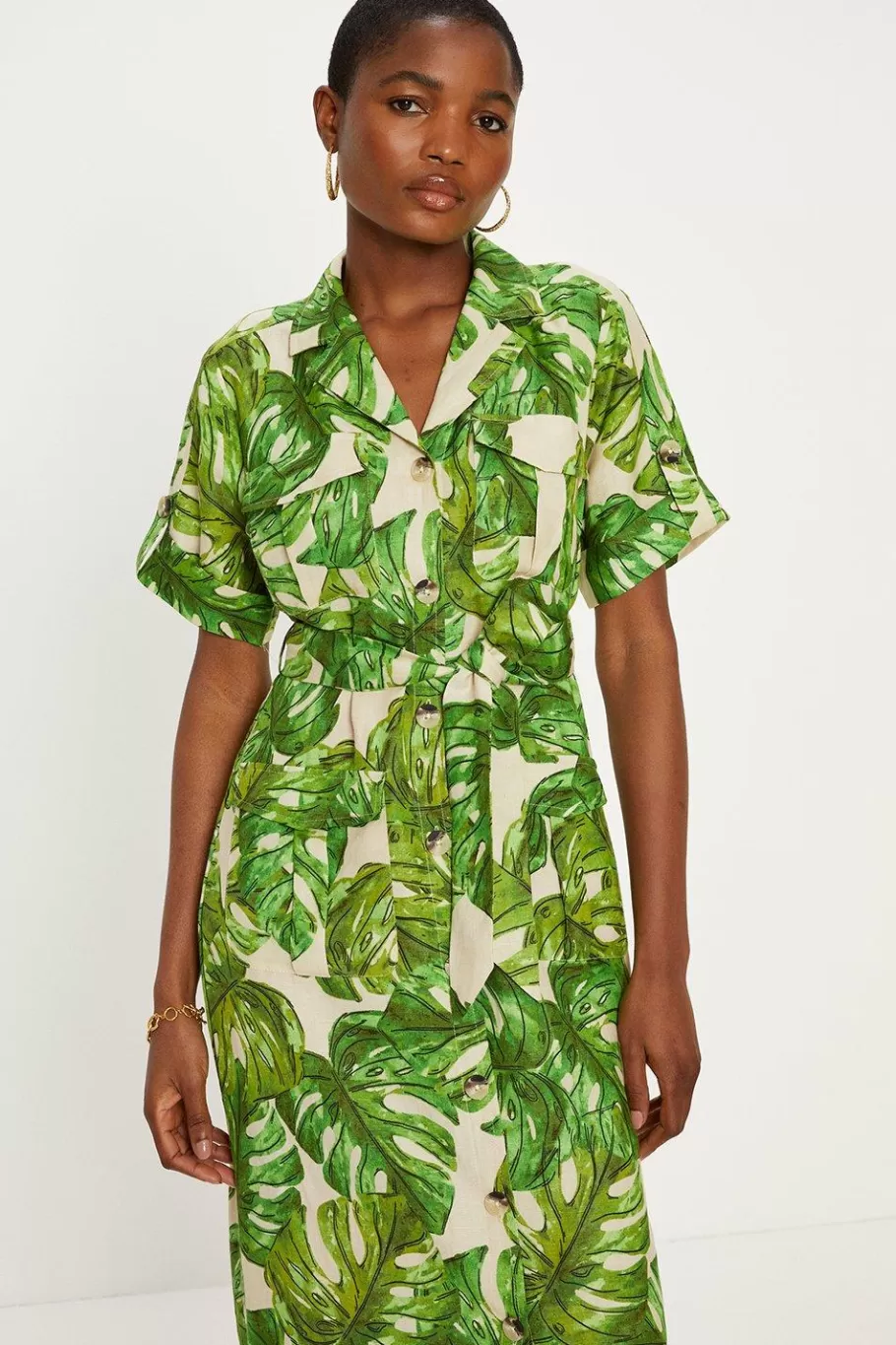 Oasis Linen Mix Palm Print Midi Shirt Dress Green New