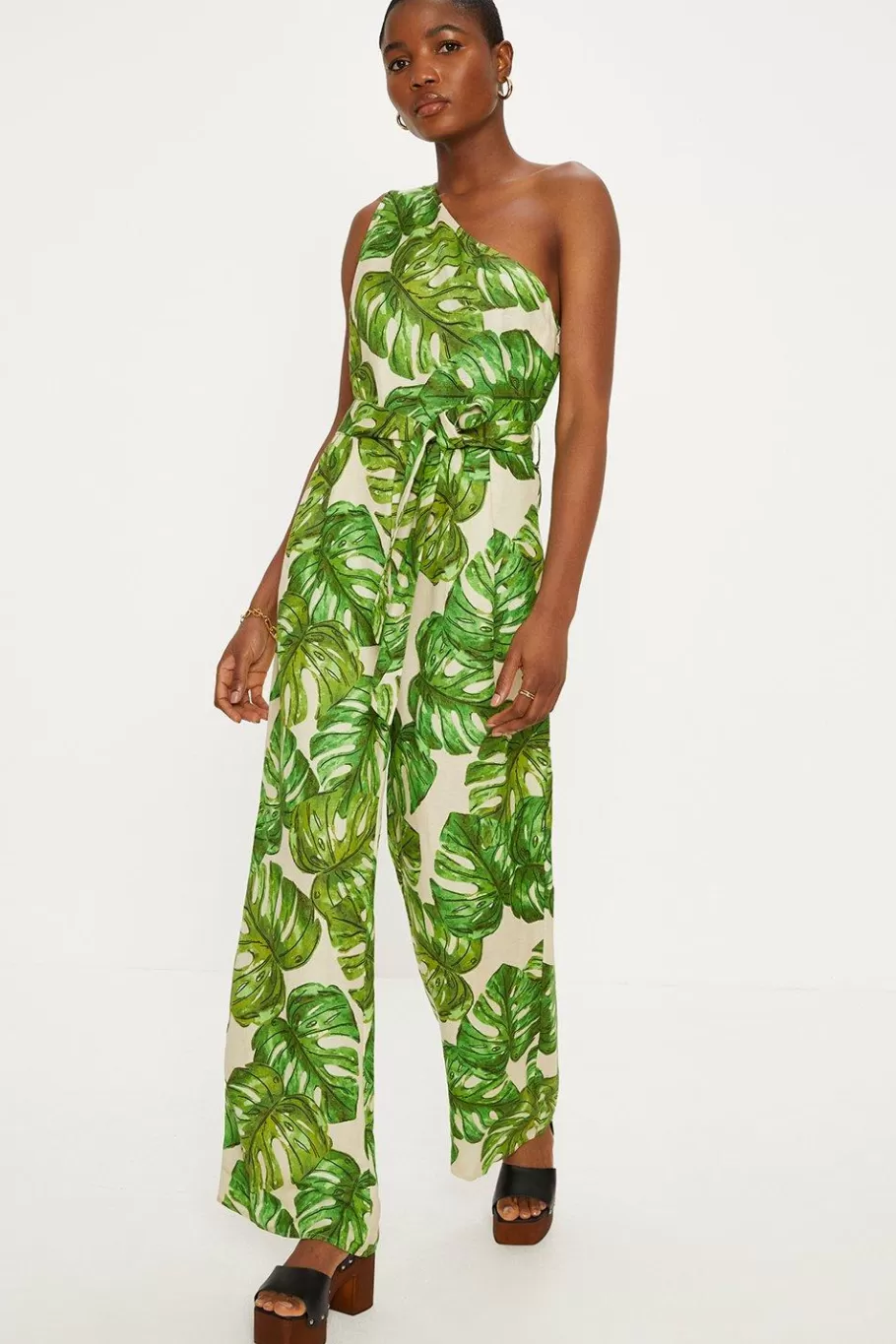 Oasis Linen Mix Palm Print One Shoulder Jumpsuit Green Clearance