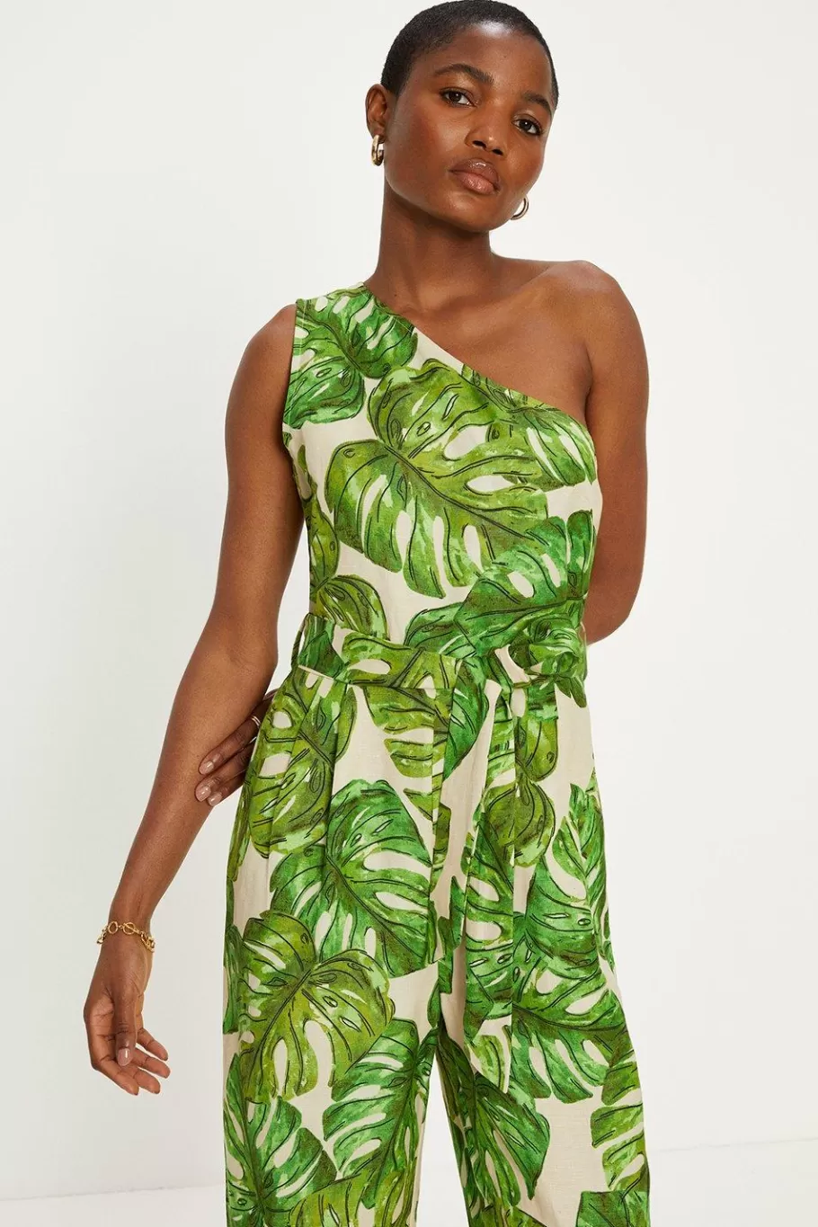 Oasis Linen Mix Palm Print One Shoulder Jumpsuit Green Clearance