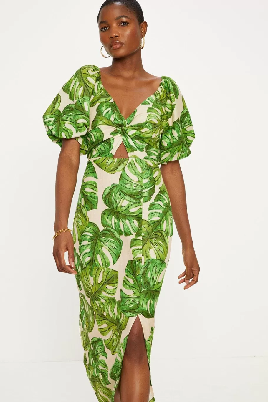 Oasis Linen Mix Palm Print Twist Front Midi Dress Green Flash Sale