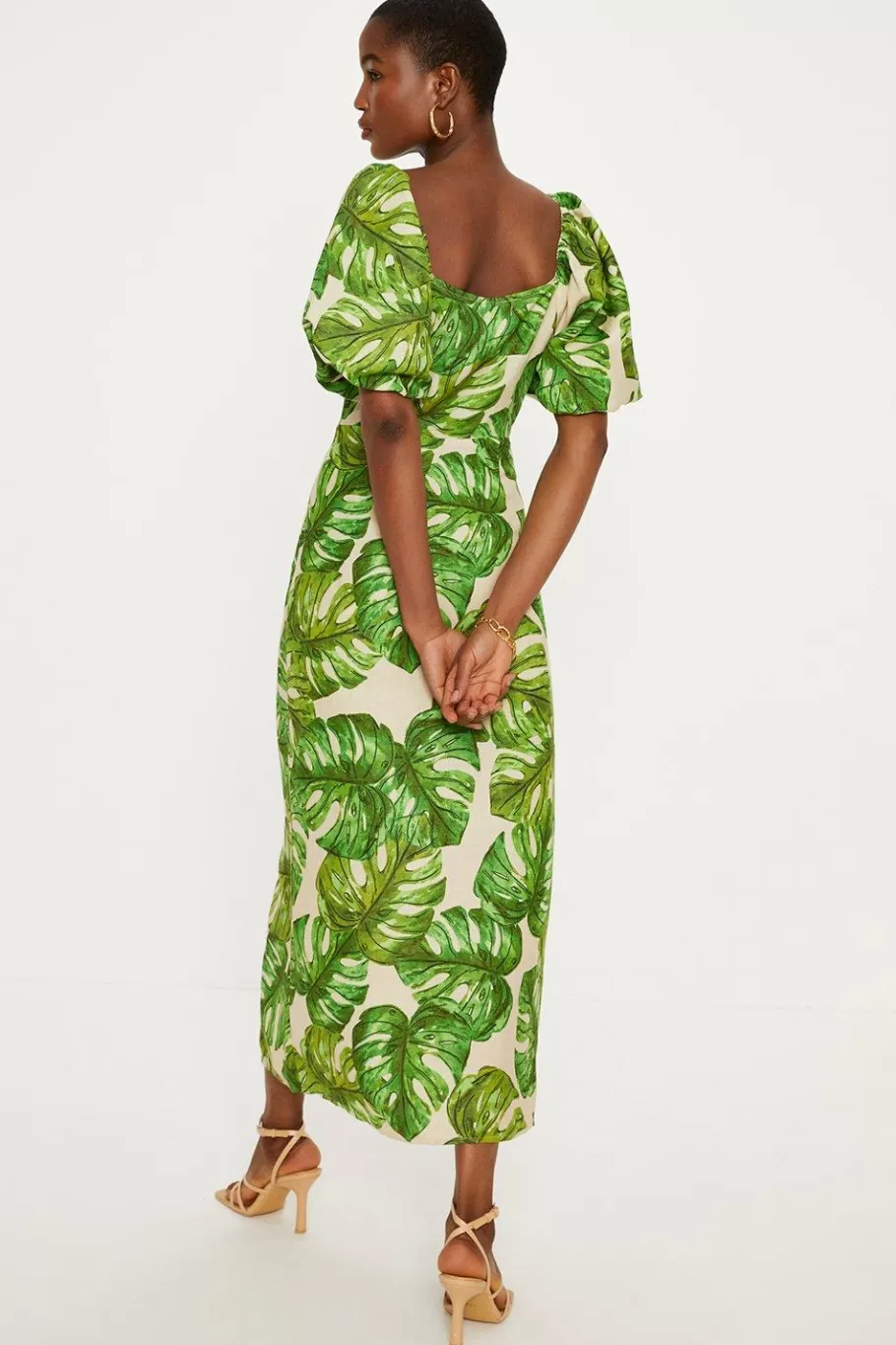 Oasis Linen Mix Palm Print Twist Front Midi Dress Green Flash Sale