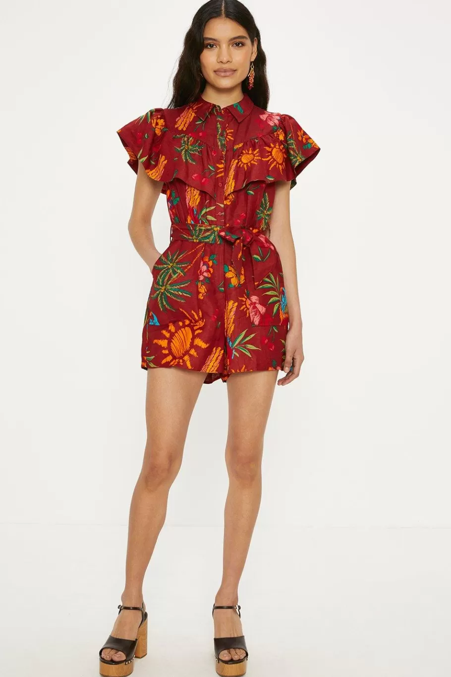 Oasis Linen Mix Parrot Print Ruffle Playsuit Multi Outlet