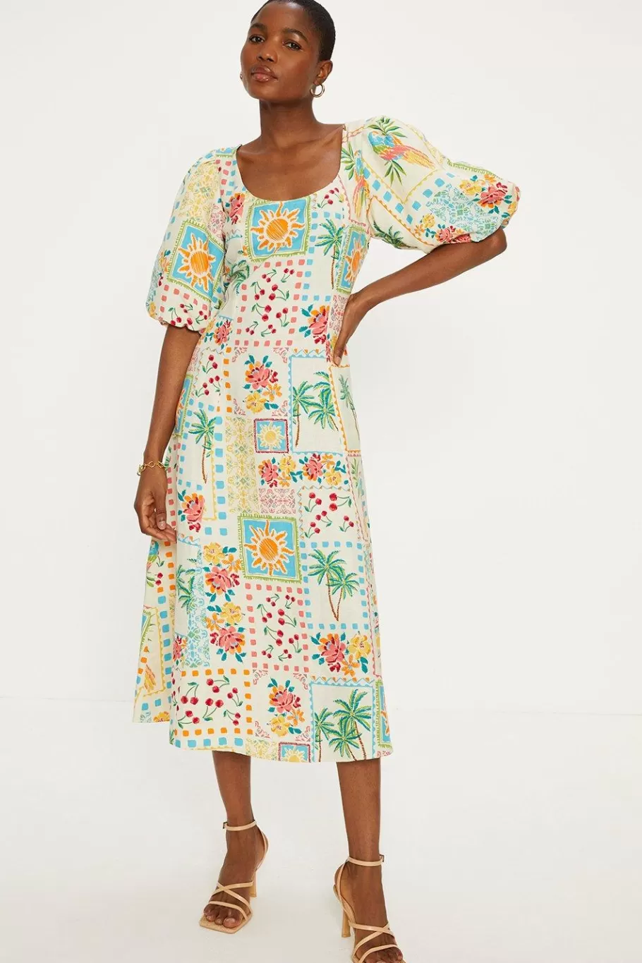 Oasis Linen Mix Patch Print Puff Sleeve Midi Dress Ivory Clearance