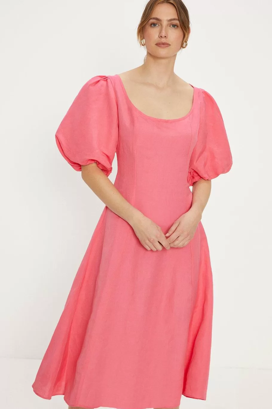 Oasis Linen Mix Puff Sleeve Midi Dress Pink New