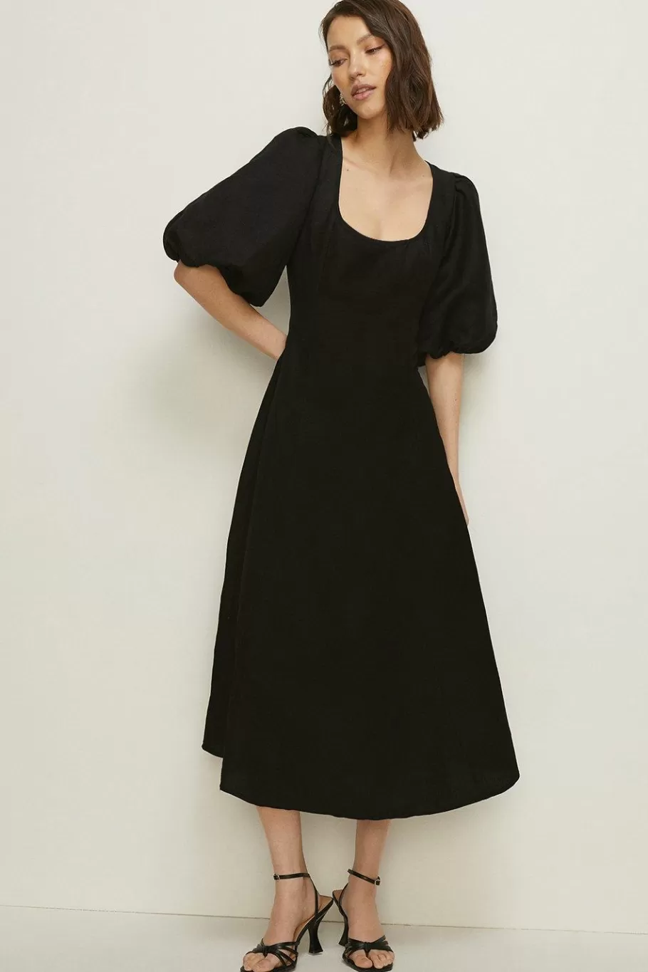 Oasis Linen Mix Puff Sleeve Seamed Midi Dress Black Cheap