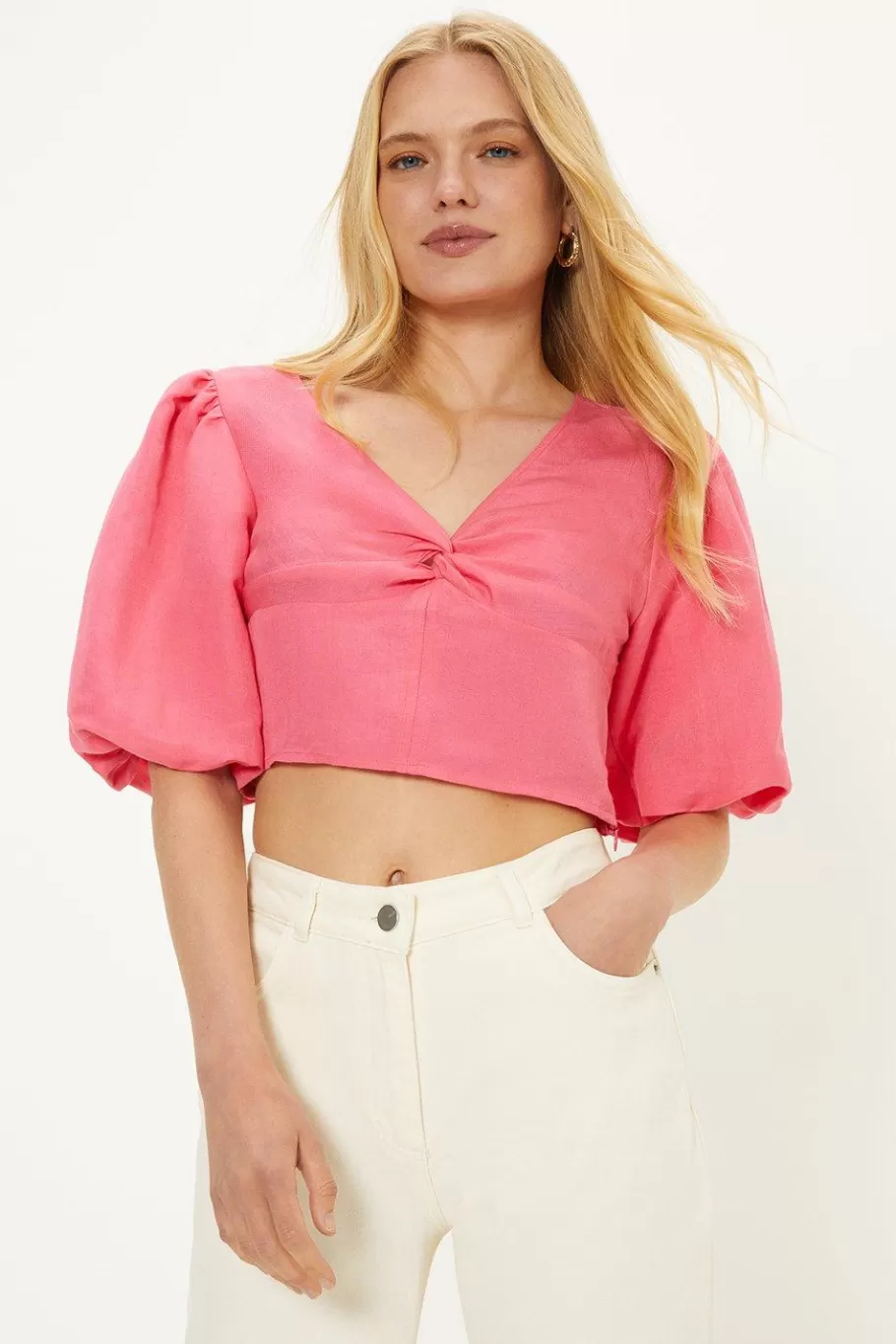 Oasis Linen Mix Puff Sleeve Twist Front Top Pink Shop