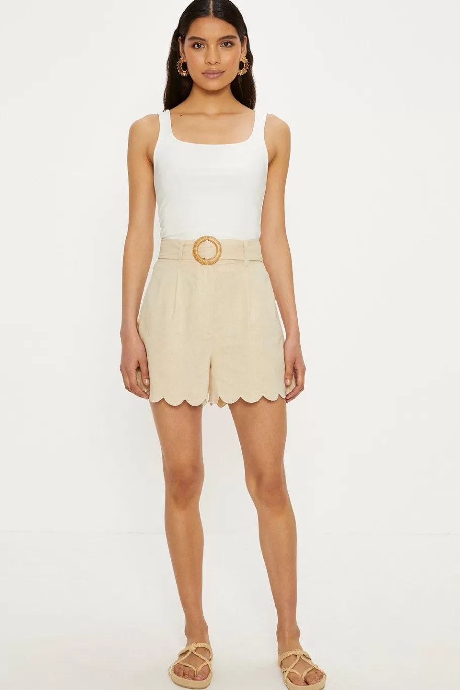 Oasis Linen Mix Scallop Detail Belted Shorts Ecru Online