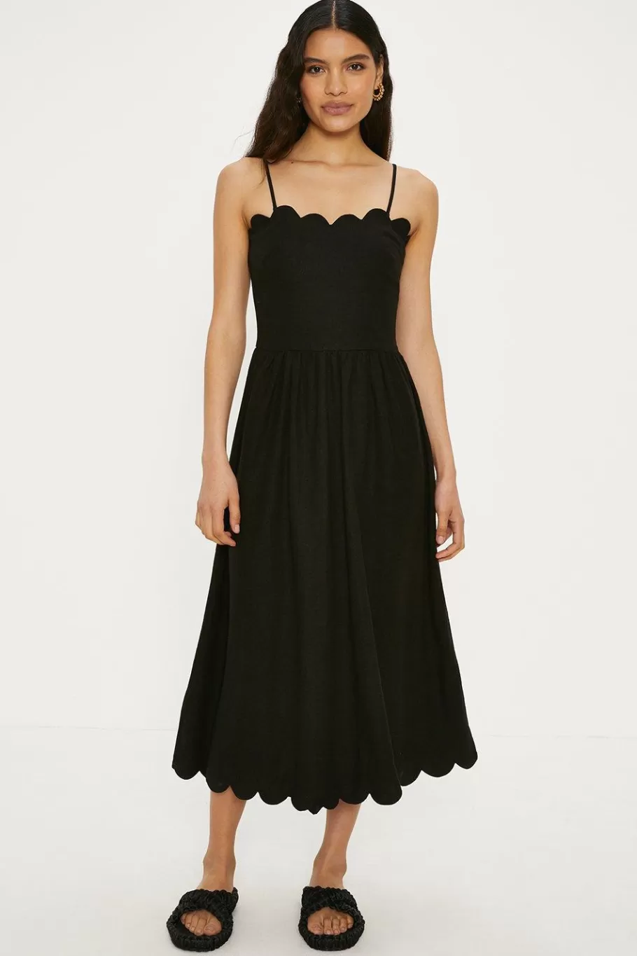 Oasis Linen Mix Scallop Detail Midi Dress Black Outlet