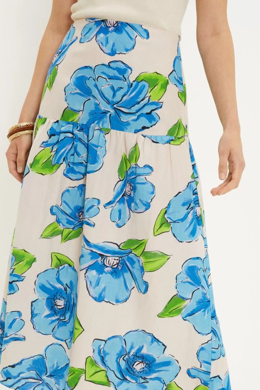 Oasis Linen Mix Statement Floral Midi Skirt Blue Discount