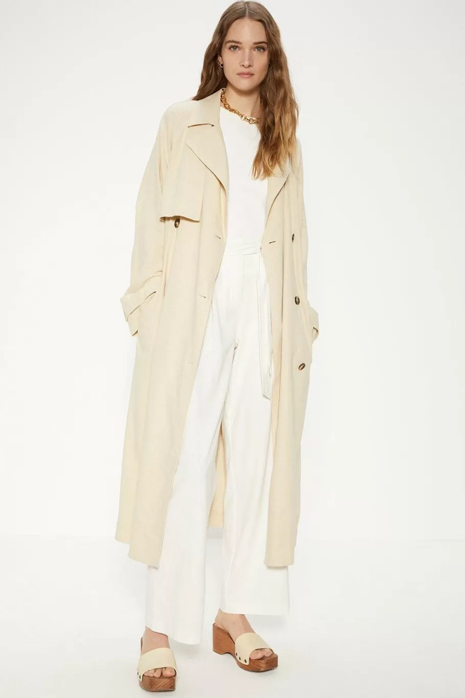 Oasis Linen Mix Trench Coat Ecru Fashion