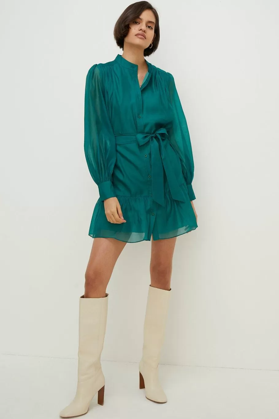 Oasis Long Sleeve Organza Mini Shirt Dress Green Fashion