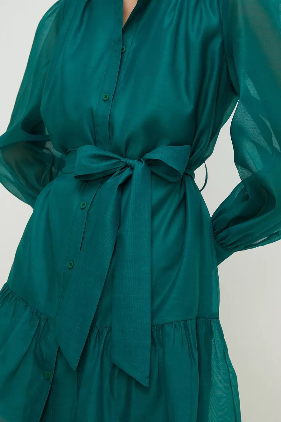 Oasis Long Sleeve Organza Mini Shirt Dress Green Fashion