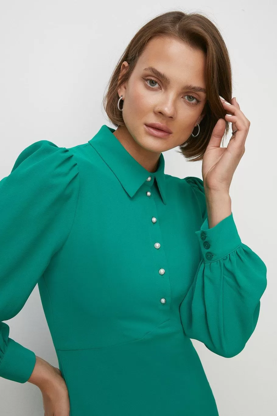 Oasis Long Sleeve Pearl Button Detail Midi Dress Green Store