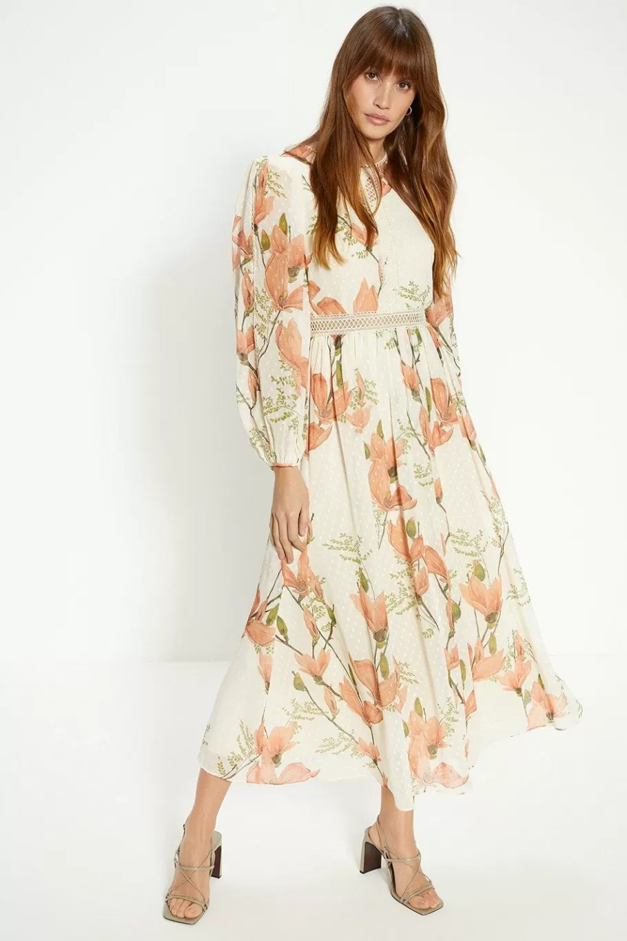 Oasis Magnolia Floral Lace Balloon Sleeve Midi Dress Ivory Store