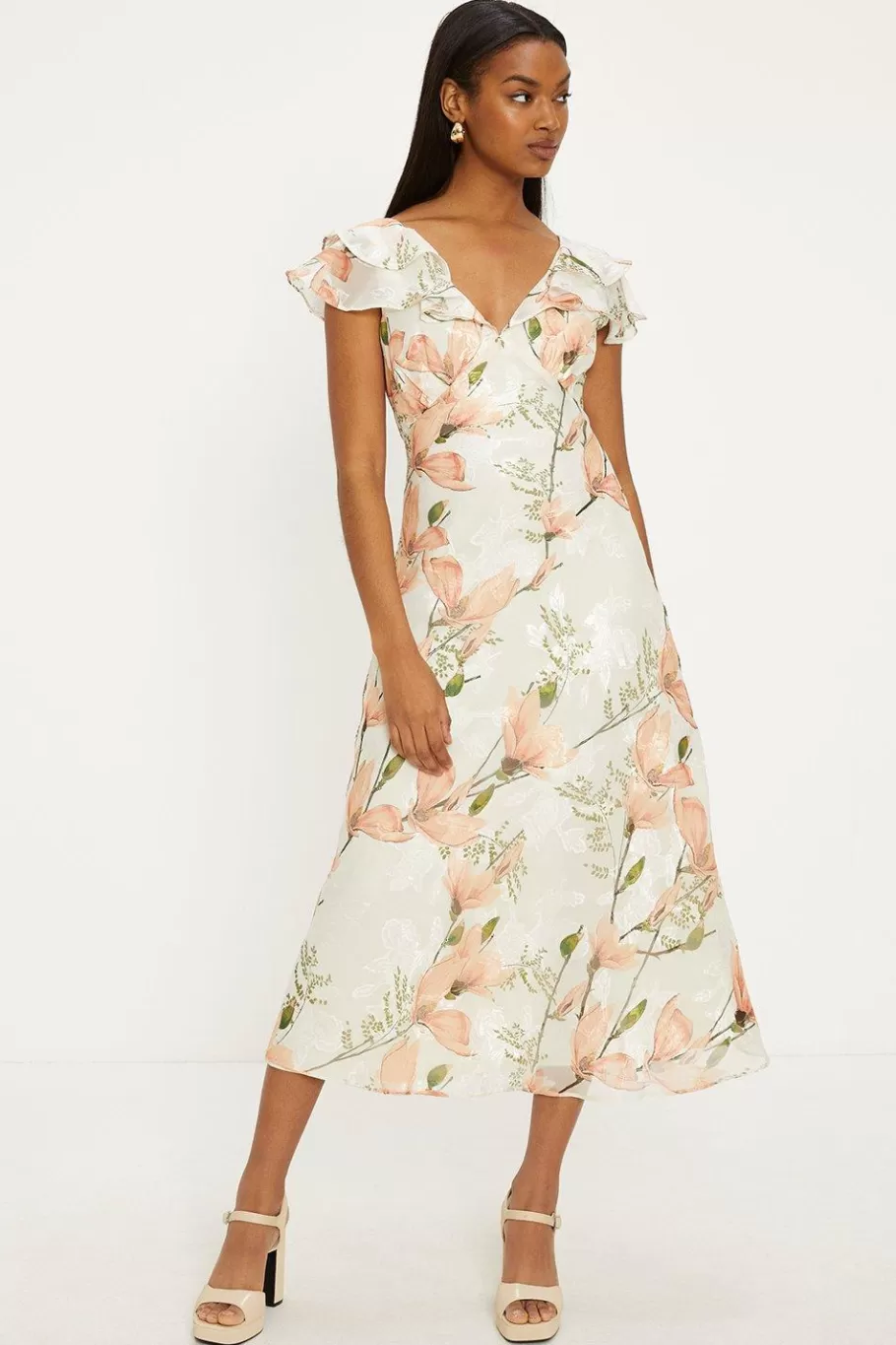 Oasis Magnolia Floral Satin Burnout Ruffle Midi Dress Ivory Fashion