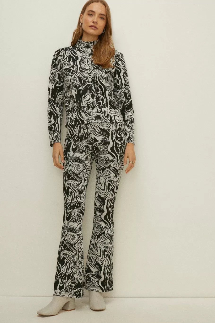 Oasis Marble Jacquard Flared Trousers Mono Sale