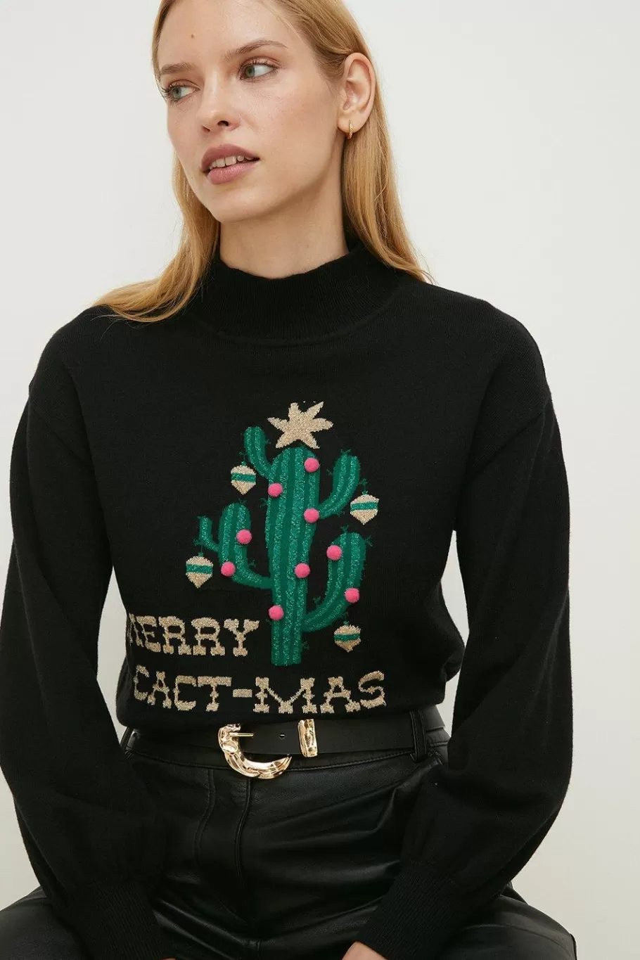 Oasis Merry Cact-Mas Pom Pom Christmas Jumper Black Outlet