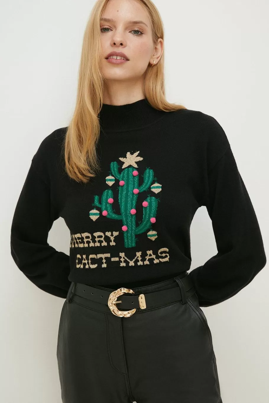 Oasis Merry Cact-Mas Pom Pom Christmas Jumper Black Outlet