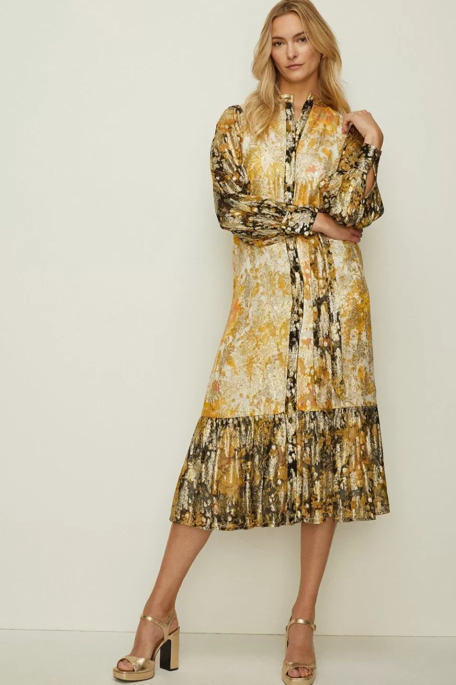 Oasis Metallic Bird Printed Midi Dress Ochre Store