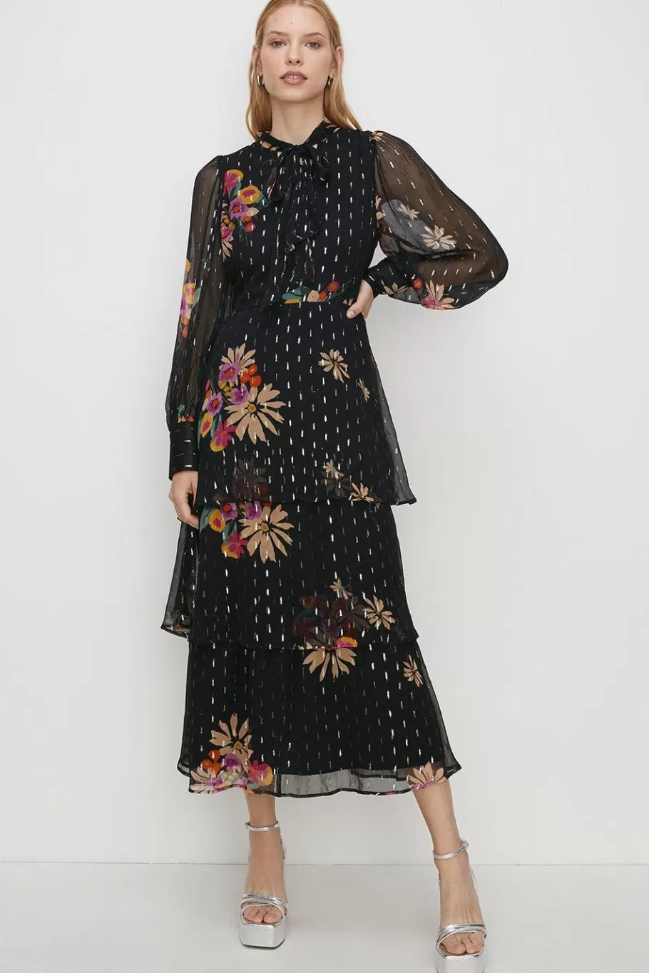 Oasis Metallic Chiffon Floral Print Tiered Midi Dress Black Sale